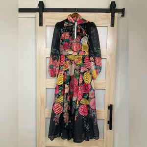 Dalia MacPhee Floral Tie-Neck Midi Dress Balloon Sleeve NWT Medium